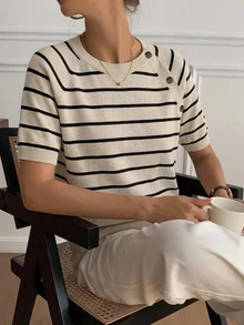 DAZY Women's Colorblock Striped Fitted Short Sleeve Round Neck Casual Vacation Spring/Autumn Knit Sweater Top - Apricot - View 3