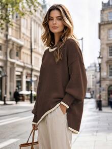 Balvessa Contrast Trim Round Neck Dropped Shoulder Lantern Sleeve Asymmetrical Hem Loose Slouchy Women's Knit Sweater - Multicolor - View 3