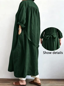 Linhara CURVE Women's Long Casual Linen Jacket, Outdoor Casual, Commute Top - Dark Green - View 2