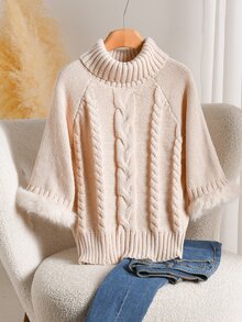 Story & Sage Women's High Neck Raglan Sleeve Patchwork Fluffy Cable Knit Sweater Everyday Family Orange Pink Autumn Casual Daily Going Out Top Women Fall/Winter - White - View 1