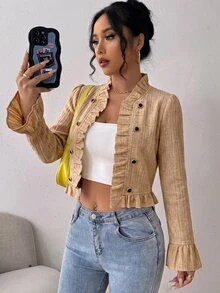 SHEIN Elenzya 女款雙排扣休閒法式優雅百搭長袖夾克外套 辦公通勤黑色秋季 - 棕色 - 查看 5