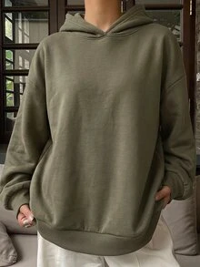 DAZY 連帽休閒保暖內裡純色中性寬鬆女款運動衫 - 綠色 - 查看 4