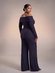 Zivah Spring/Summer Women's Plus Size New Bold, Classy Feminine Style Tummy Control Fit Breathable Elegant Romantic Classic Earthy Yellow Textured Knit Tie-Front Blouse And Long Wide-Leg Pants Set - Purple - View 2