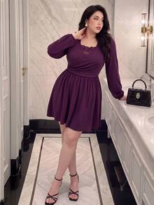 Vibekara Plus Size Long Sleeve Contrast Lace Elegant Dress - Purple - View 5