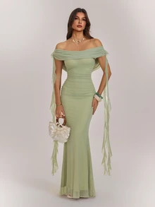SHEIN Tall Elegant V-Neck, Draped, Ruffle-Trimmed, Slim-Fit A-Line Maxi Dress For Tall Women. - Green - View 5