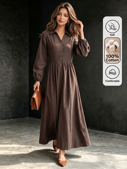Editum Women's Coffee Brown Elegant Commute Casual Shirt-Style V-Neck Long Dress With Button Decor And Ruched Detail, Slimming And Neck-Elongating