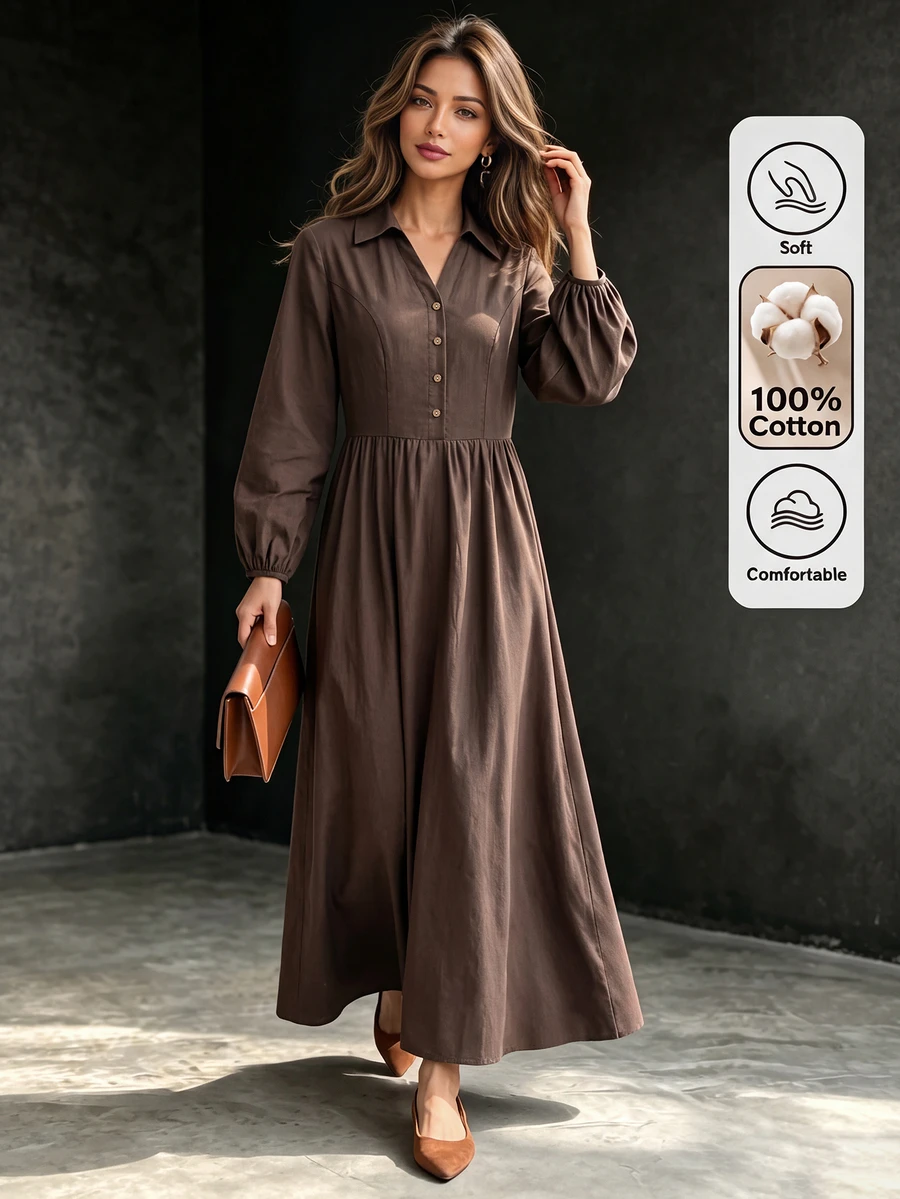 Editum Women's Coffee Brown Elegant Commute Casual Shirt-Style V-Neck Long Dress With Button Decor And Ruched Detail, Slimming And Neck-Elongating - Coffee Brown - View 1