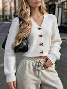 Cévolie Women's Bow-Knot Button Casual Versatile Daily Wear Cardigan - White - View 6