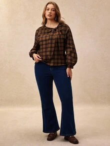 Écloséra Curve Plus Size Women's Vintage Plaid Print Shirt With Tie Decor - Multicolor - View 6