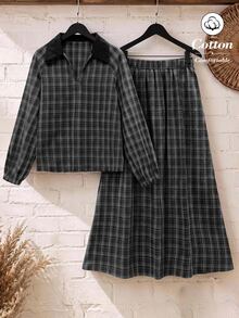 Rusticease Setelan Kasual Sehari-hari Wanita: Atasan Lengan Panjang dan Celana Motif Kotak-kotak - Hitam - View 3
