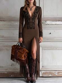 LUMIGAL Gaun V-neck Gaya Barat Vintage Bahan Suede Imitasi dengan Rumbai dan Motif Bordir Imitasi Lengan Panjang Panjang Selutut - Coffee Brown - View 4