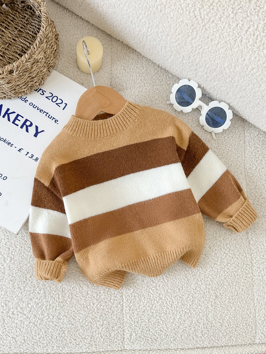 SHEIN LMoss Kids 女嬰圓領套頭毛衣,粉色條紋,柔軟舒適,適合秋冬穿著 - 棕色 - 查看 1