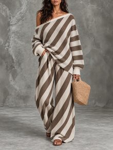 LUMIGAL Women's Striped Asymmetrical Shoulder Long Sleeve Loose Sweater - Multicolor - View 5