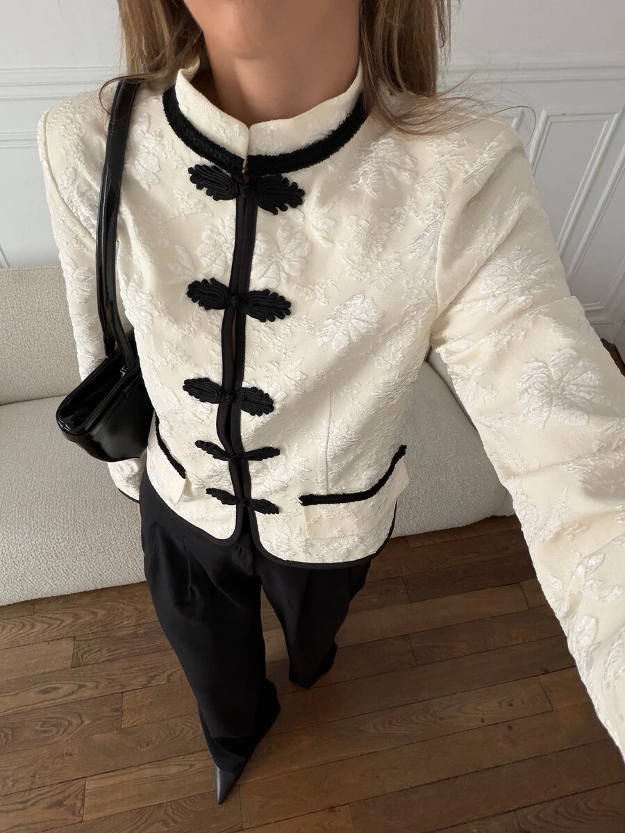 Siren Gaze Women's Cream Embroidered Vintage Palace Style Short Jacket Chinese Frog Button Closure (Napoleon-Style) – Suitable For Work Or Dates (Fall/Winter) - Apricot - View 1