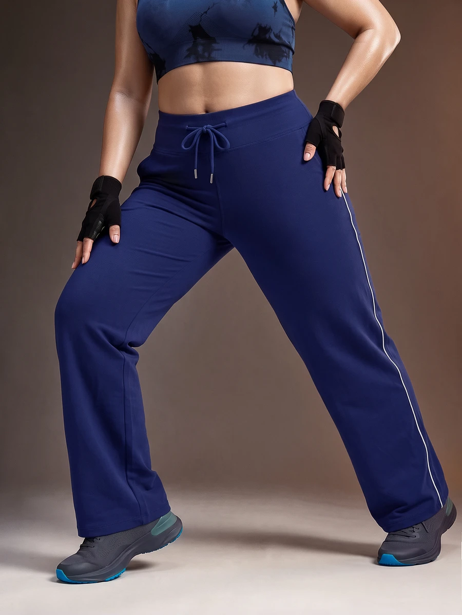 Powerista Women's Plus Size Navy Blue & White Contrast Color Drawstring Tie Waist Sports Pants - Navy Blue - View 1