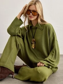 SHEIN Olive Green Heathered Knit Two Pieces Set With Collared Sweater And Wide Leg Pants - Green - View 6