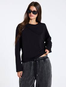 MUSERA Black Cut Out Shredded Back Detail Long Sleeve Top Fall Winter Women Outfit Casual - Black - View 2