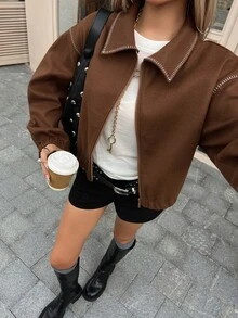 Livesso Women's Fashion Street Maillard Drop Shoulder Jacket - Brown - View 5