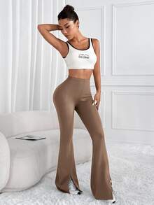 Easithlete Easithlete 女款純色高腰開衩喇叭腿運動長褲 - 卡其色 - 查看 6
