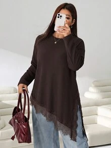 Solflare Plus Size Women's Lace Patchwork Casual Daily Long Sleeve T-Shirt - Brown - View 4