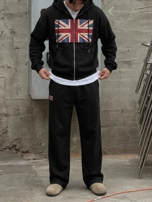 DAZY Autumn/Winter Thermal-Lined Black Flag Pattern Letter Print Men's Hoodie Sweatshirt Set With Elastic Waist Straight Leg Sweatpants - Black - View 7