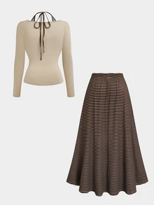 Sweetra Plus Size Casual 2 Pieces Set With Faux Layered T-Shirt And Striped Skirt - Brown - View 2