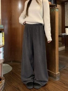 DAZY Women's Casual Solid Color Knit Korean Style Long Pants - Dark Grey - View 6