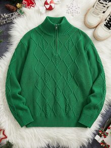 SHEIN 青少年男孩休閒綠色紋理套頭毛衣，適合秋季、冬季、聖誕節和返校季節 - 綠色 - 查看 1