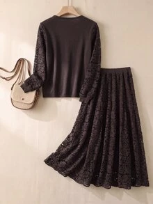 Rusticease Set Atasan dan Rok Lengan Panjang Semi-Transparan untuk Wanita - Chocolate Brown - View 2