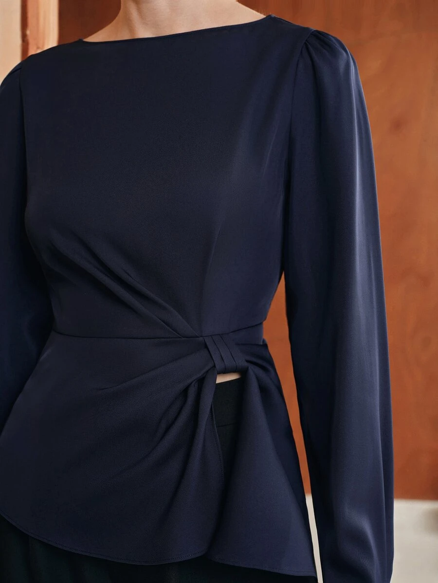 Anewsta Early Autumn New Solid Color Boat Neck Waist-Split Gathered Design Versatile Elegant Long Sleeve Women's Top - Navy Blue - View 1