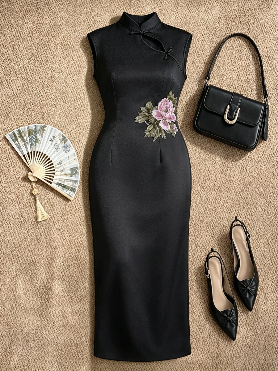 EastFlair Plus Size Women's Floral Embroidered Pattern Casual Party Dress - Black - View 1