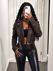 BamGleam Women's Vintage Leather Short Jacket With Large Collar, Zipper And Belt - Chocolate Brown - View 3