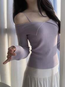 DAZY Solid Color Fitted Square Neck Long Sleeve Elegant Vacation Korean Style Autumn/Winter Knit Sweater For Women - Purple - View 9