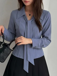 DAZY 女款素色休閒百搭日常穿著襯衫 - 藍色 - 查看 3