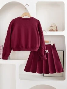 SHEIN Genkimix Kids 少女冬季針織兩件套，可愛3D蝴蝶結毛衣搭配百褶裙，優雅可愛 - 酒紅色 - 查看 2