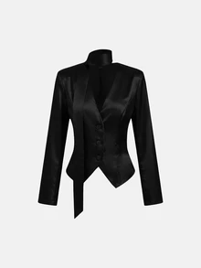 SHEIN MOD 女款純色長袖夾克與波點迷你裙休閒套裝 - 黑色 - 查看 5