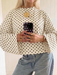 SHEIN EZwear 海外長袖奶油黃底棕色波點印花圖案秋季上衣，適合日常通勤、派對、秋冬春夏、聖誕節、新年、感恩節、婚禮、海灘、畢業典禮、優雅、外出、約會、通勤、情人節、度假、Y2K、畢業典禮等場合 - 彩色 - 查看 1