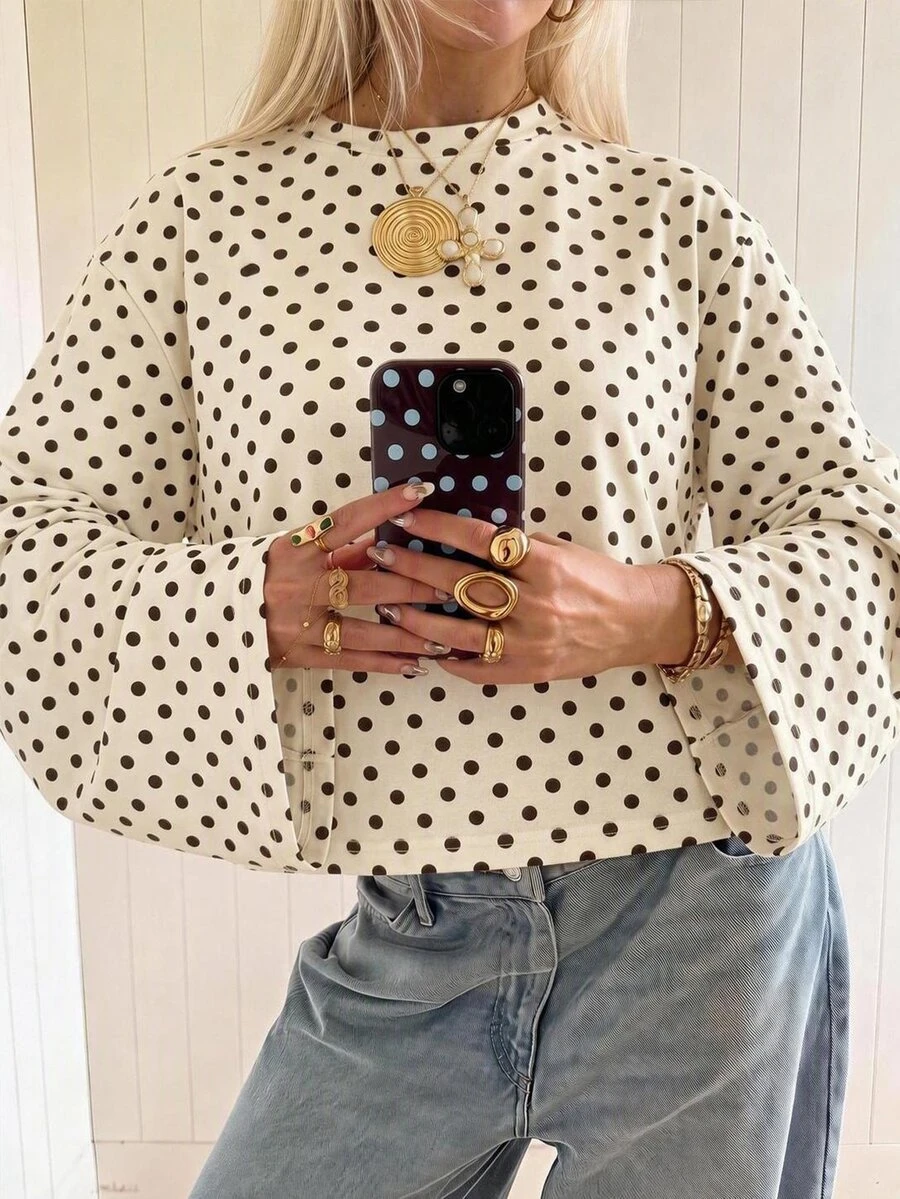 SHEIN EZwear 海外長袖奶油黃底棕色波點印花圖案秋季上衣,適合日常通勤、派對、秋冬春夏、聖誕節、新年、感恩節、婚禮、海灘、畢業典禮、優雅、外出、約會、通勤、情人節、度假、Y2K、畢業典禮等場合 - 彩色 - 查看 1