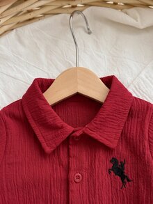 新生兒男嬰休閒可愛百搭學院風長袖上衣與長褲套裝 - 酒紅色 - 查看 10
