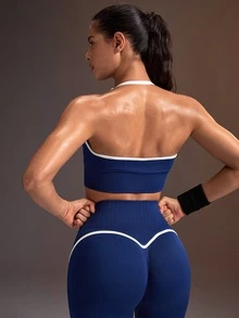 Powerista Women's Blue & White Low-Impact Halter Neck Sports Bra With Padding(Suitable For Jogging And Workout) - Blue and White - View 4