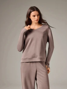 OutZeal Women Sports Sweatshirt Daily Casual Lounge Natural Soft Solid Color V Neck Long Sleeve T-Shirt - Brown - View 5