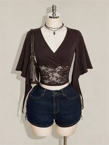 SHEIN ICON 女款蕾絲拼接V領修身百搭T恤 - 棕色 - 查看 4