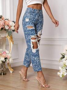 SHEIN PETITE 女款破洞字母印花鈕扣修身時尚牛仔褲 - 藍色 - 查看 3