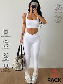 Coolane Women's Summer Square-Neck Yoga Set Sleeveless Slim-Fit Shorts And Shell-Edge Tank Top With Built-In Pads - White - View 1