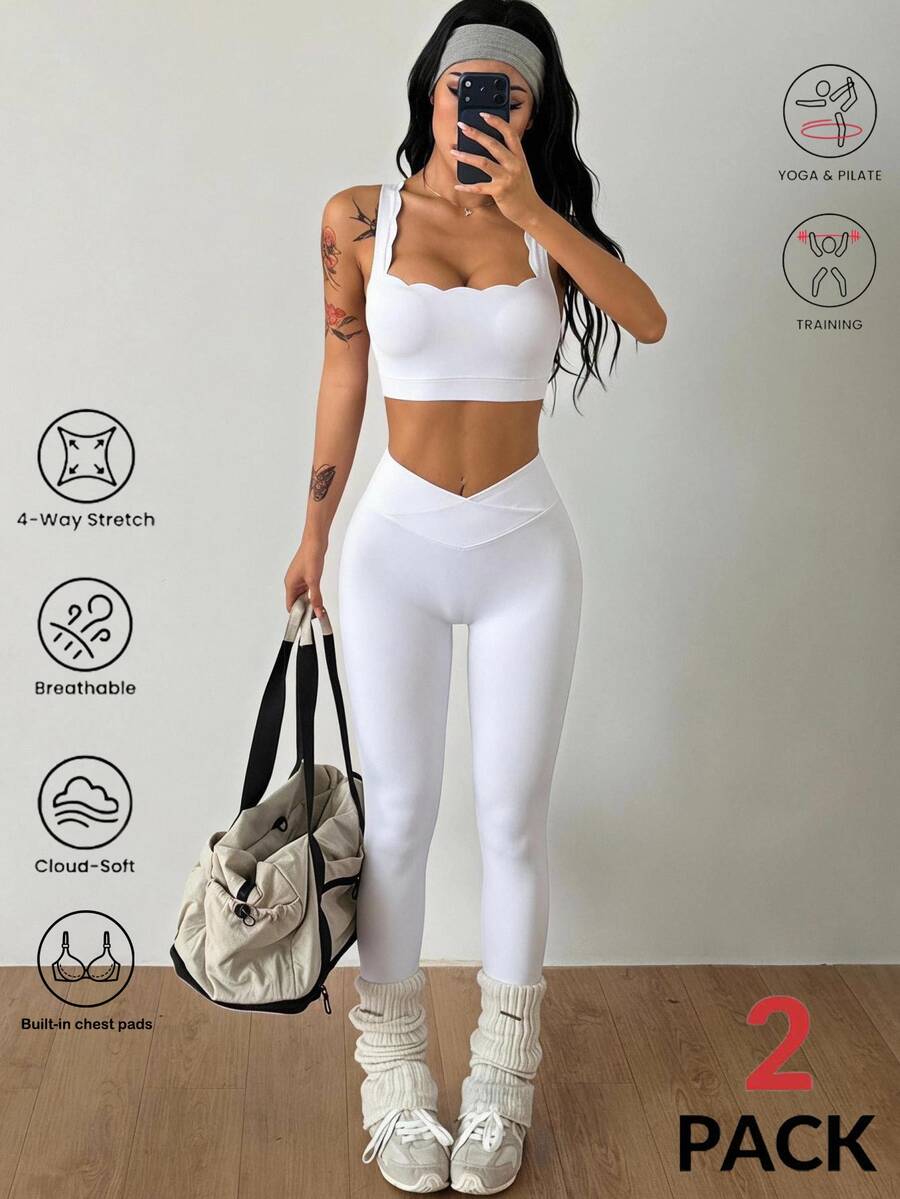 Coolane Women's Summer Square-Neck Yoga Set Sleeveless Slim-Fit Shorts And Shell-Edge Tank Top With Built-In Pads - White - View 1