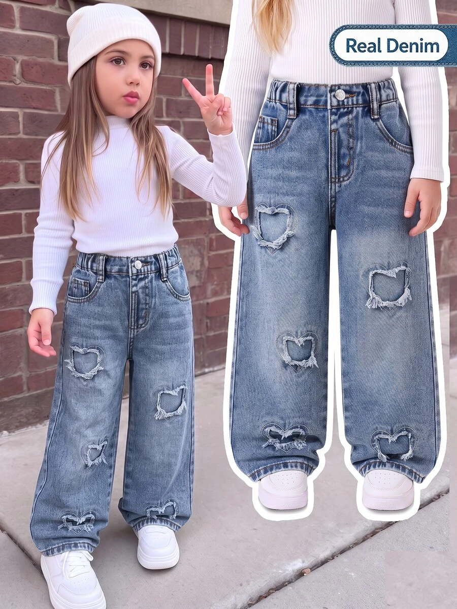 SHEIN Young Girls Heart Cutout Ripped Denim Jeans High Waisted Wide Leg Casual Pants Washed Denim Medium Blue, Fashionable Versatile Item Suitable For All Year Round - Medium Wash - View 1