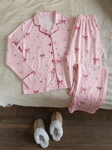 Livesso Women's Bow Print Single-Breasted Long Sleeve Top And Pants Pajama Set - Pink - View 7