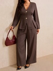 Elaquor Plus Size Women's Metal Single-Breasted Striped Long Sleeve Jacket And Pants Elegant Suit Set - Coffee Brown - View 3
