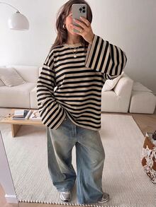 SHEIN EZwear 海外長袖草莓巧克力條紋上衣，秋季上衣，適合日常通勤、聚會、秋冬春夏、聖誕節、新年、感恩節、派對、婚禮、海灘、畢業典禮、優雅、外出、約會、通勤、情人節、優雅、度假、Y2K、畢業典禮等場合 - 彩色 - 查看 6
