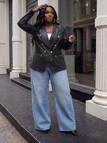 Slaydiva Plus Size Faux Leather Biker Blazer, Gold Zipper Double Breasted Lapel Slim Jacket - Black - View 4